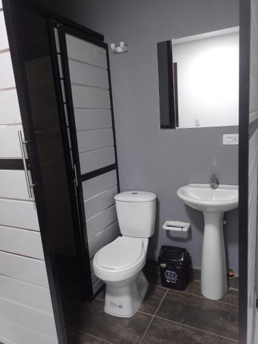 a bathroom with a toilet and a sink at Hotel Olympo in Ibagué