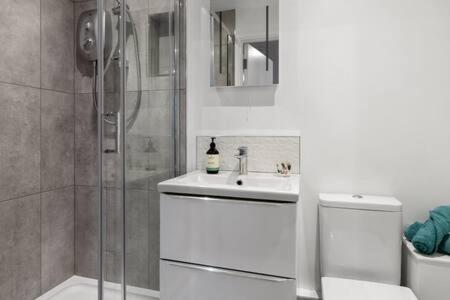 ein Bad mit einer Dusche, einem Waschbecken und einem WC in der Unterkunft Exeter City Centre Apartments Riley Apartment in Exeter