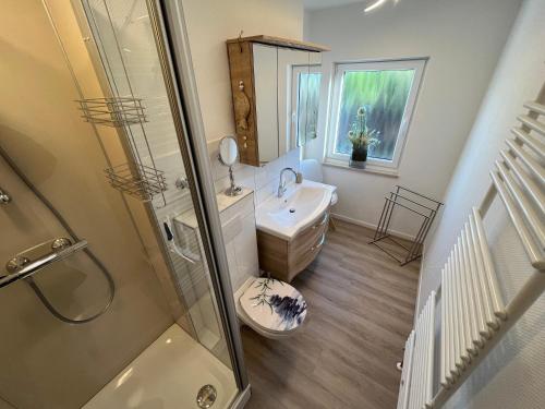 a bathroom with a shower and a sink at Harzliebhaber 2 in Altenau