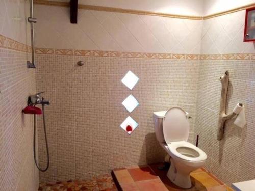 La salle de bains est pourvue d'une douche et de toilettes. dans l'établissement Villa CACAO, à Rivière-Salée