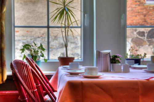 a table with red chairs and a table with a plant on it at Hotel am Markt Altentreptow in Altentreptow