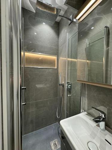 une salle de bain avec douche et lavabo dans l'établissement Charmant studio 2P - 5' Tour Eiffel, à Paris