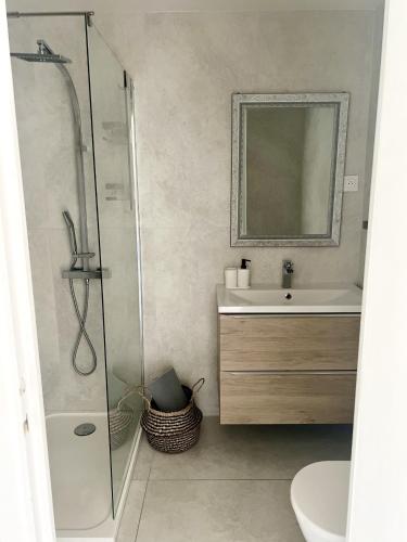 une salle de bain avec une douche, un lavabo et un miroir dans l'établissement MJ-SELECT - Gambetta 4 pers Terrace CLIM, à Nice