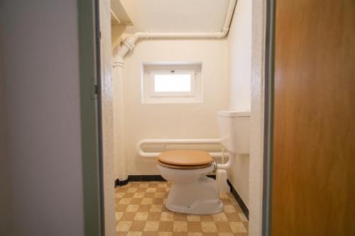 a small bathroom with a toilet and a window at Chasa Muglinér 115 in Scuol