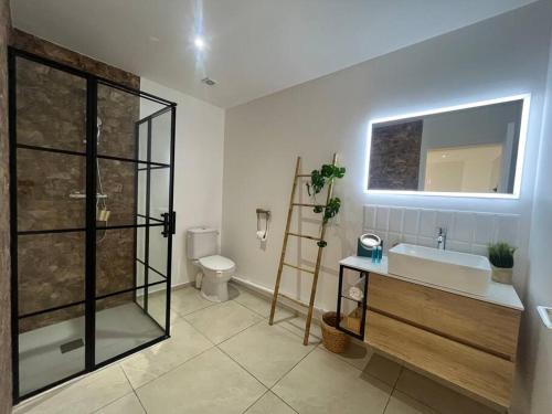 La salle de bains est pourvue d'une douche, d'un lavabo et de toilettes. dans l'établissement La Vanille 2 - By EGL IMMO, à Ducos
