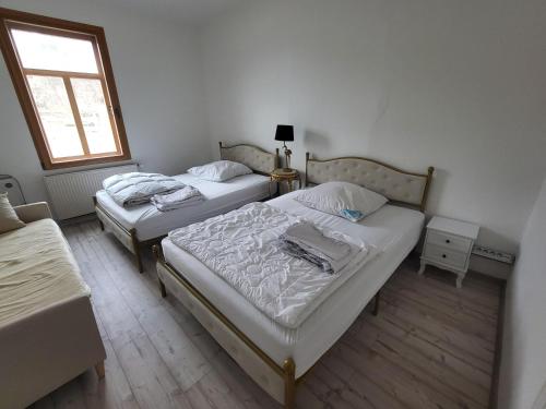 two twin beds in a room with a window at Ferienwohnungen Königstein in Königstein an der Elbe