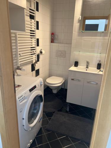 La salle de bains est pourvue d'un lave-linge et de toilettes. dans l'établissement Rocco Apartment-FREE PARKING&WIFI, à Zagreb