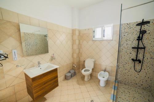 ein Bad mit einem WC, einem Waschbecken und einer Dusche in der Unterkunft Vila Feimi in Ksamil