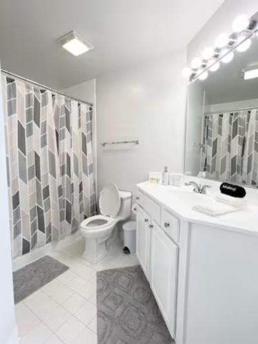 a white bathroom with a toilet and a shower at Elegant King Suite Metro DC in Arlington