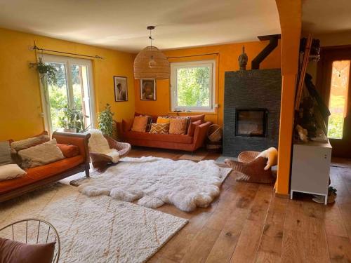 a living room with a couch and a fireplace at Luxueuse oasis écologique à proximité du lac in Preverenges