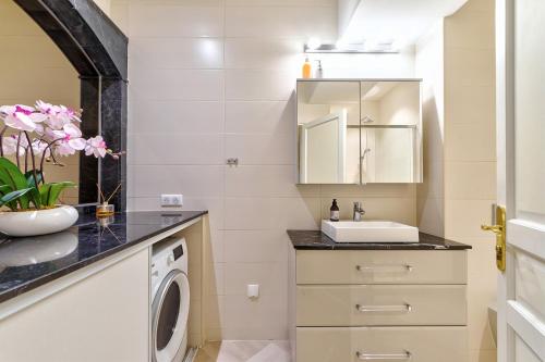 une salle de bain avec un lavabo et une machine à laver dans l'établissement Elegant apartment in Nice centre with grand terrace, à Nice