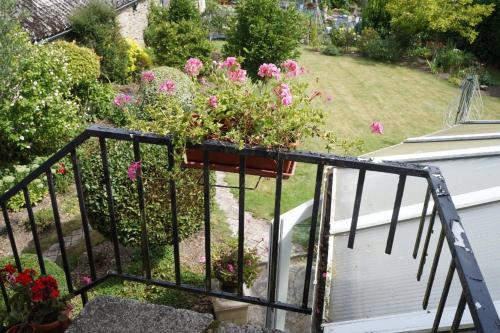 a balcony with a pot of flowers on it at Rose Cottage in Huelgoat