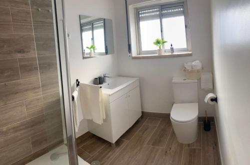 a bathroom with a toilet and a sink and a shower at SeaView Ericeira in Ericeira
