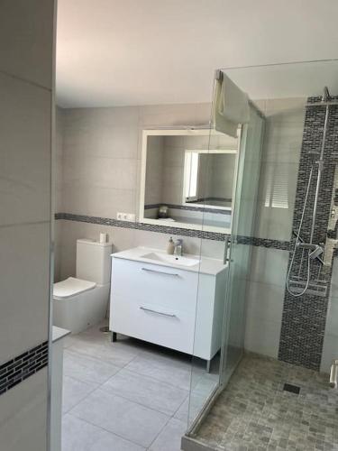 a bathroom with a shower and a sink and a mirror at Casa Beavan in Alicante