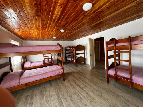 a room with three bunk beds and a wooden ceiling at Hostal Treile in Pucón