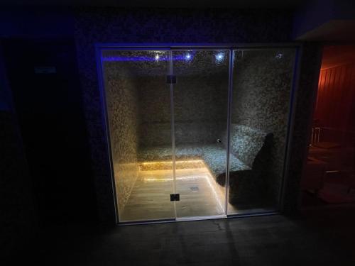 a glass shower door in a dark room at Apartman Plavi bor in Zlatibor