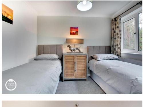a bedroom with two beds and a table with a lamp at The Heart of Rye in Rye