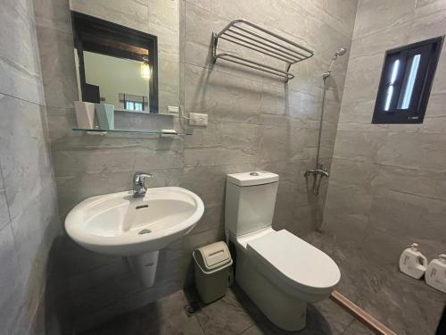 金寧鄉的住宿－藍山客棧，浴室配有白色卫生间和盥洗盆。