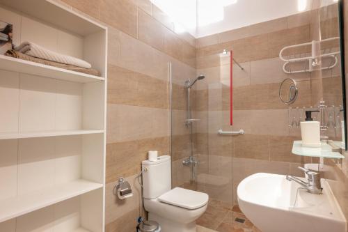 a bathroom with a toilet and a sink and a shower at Calala House with huge terrace in Candelaria