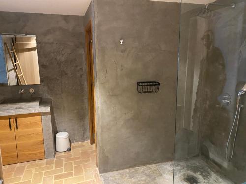 a shower with a glass door in a bathroom at El jardin Botánico Villa LUZ in Altea