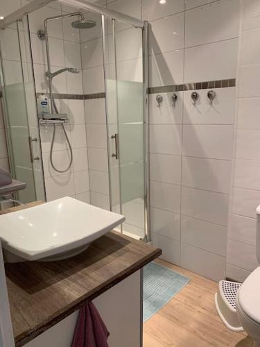 une salle de bain blanche avec une douche et un lavabo dans l'établissement la Maison d'à coté de Strasbourg, à Illkirch-Graffenstaden