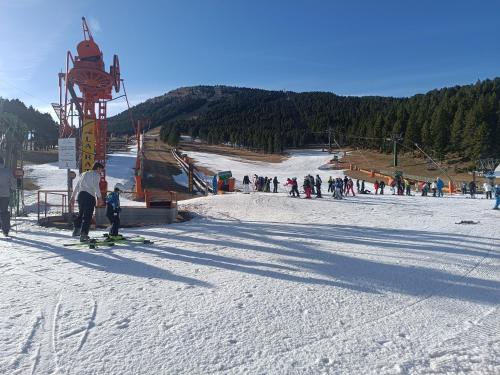 un groupe de personnes skier sur une piste de ski dans l'établissement Apartamento a pie de pistas Port del Comte, à La Coma i la Pedra
