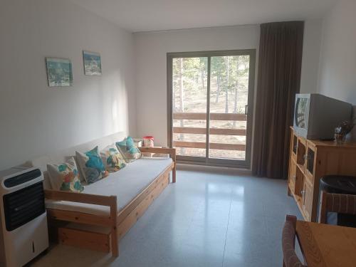 a living room with a couch and a television at Apartamento a pie de pistas Port del Comte in La Coma i la Pedra