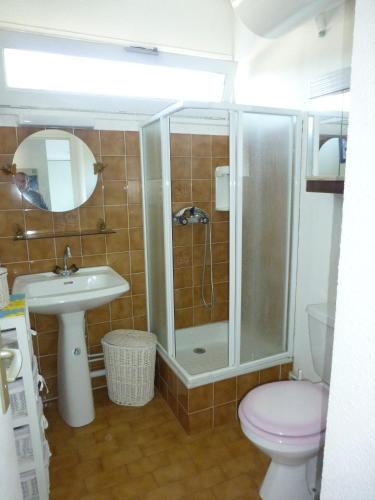 une salle de bain avec une douche, des toilettes et un lavabo dans l'établissement Joli studio à Bandol (Var), à Bandol