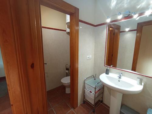Un baño con lavabo, inodoro y espejo. en Apartamentos Las Cuadras de Estaños, en Muriedas