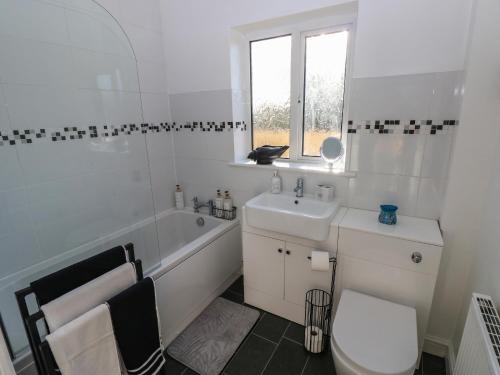 a white bathroom with a sink and a toilet at The Old Well Bungalow - Ty Mawr Farm in Cardiff