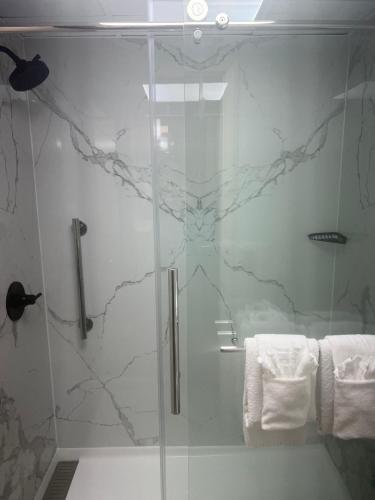 La salle de bains est pourvue d'une douche avec une porte en verre. dans l'établissement Country Inn & Suites by Radisson, Shelby, NC, à Shelby