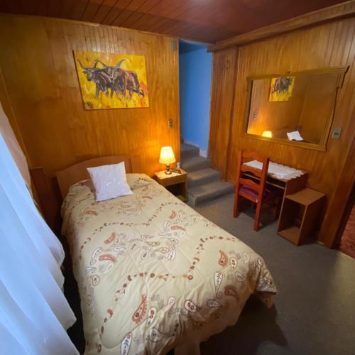 1 dormitorio con cama, escritorio y espejo en Hotel Yagan Porvenir, en Porvenir