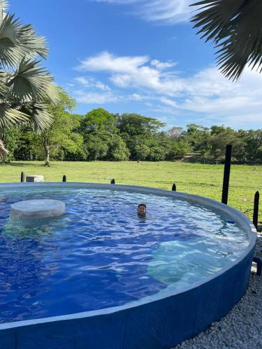 uma pessoa a nadar numa grande piscina azul em HOTEL CAMPESTRE REFUGIO TEXANO em Puerto Triunfo