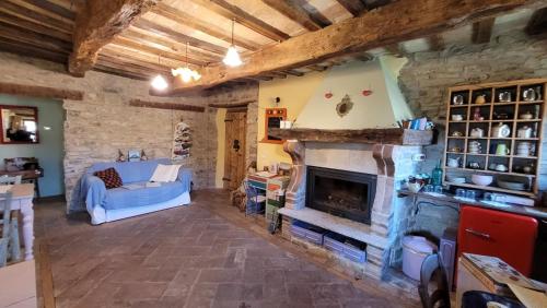 ein Wohnzimmer mit einem Kamin und einem blauen Sofa in der Unterkunft Bed and Breakfast Ballallaluna in Maiolo