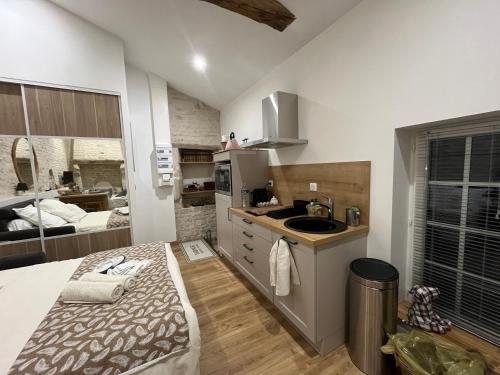 - une cuisine avec un lit et un évier dans la chambre dans l'établissement Chez Bibou, à Anais