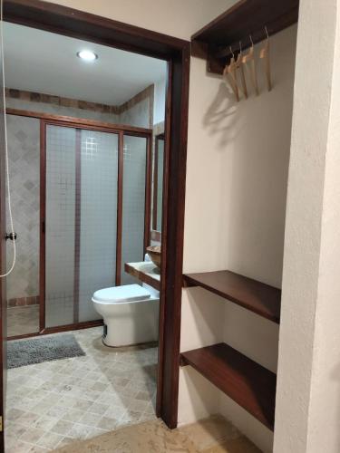 a bathroom with a toilet and a glass door at CHOLULA SUITES in Cholula