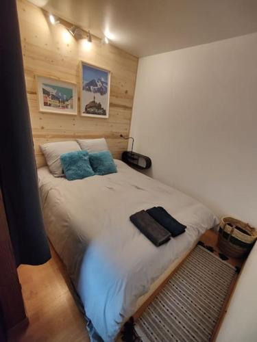 une chambre avec un grand lit avec des oreillers bleus dans l'établissement Apartement vue montage magnifique 2ch 5mn piste 3, aux Houches