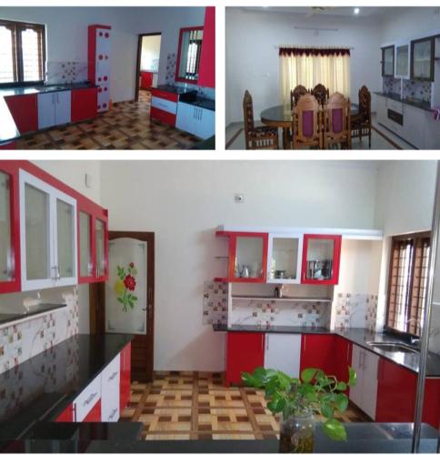 een keuken met rode kasten en een eetkamer bij Sunnys abode in Pala