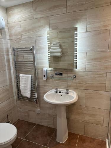 La salle de bains est pourvue d'un lavabo et de toilettes. dans l'établissement The Glen Hotel Newtonmore, à Newtonmore