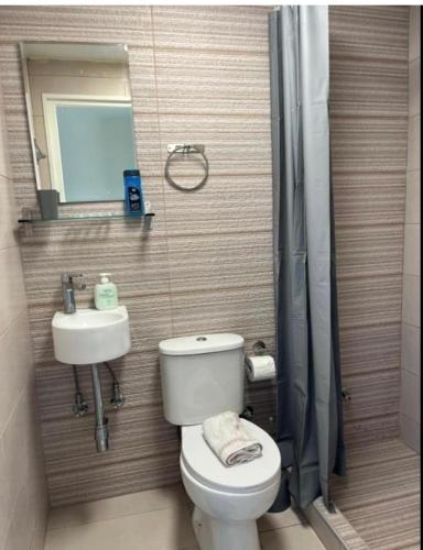 a bathroom with a toilet and a sink and a mirror at Sea Studio in Néa Michanióna