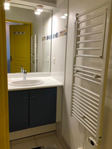 a bathroom with a sink and a mirror at Appartement Front de mer in Valras-Plage