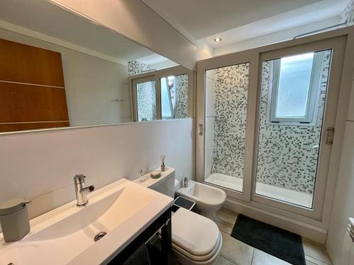 烏斯懷亞的住宿－Campos de Ushuaia，一间带水槽、卫生间和镜子的浴室