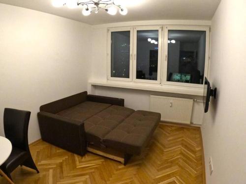 ワルシャワにあるŚliska Central Location, high standardの窓付きの客室で、大きなブラウンのソファが備わります。