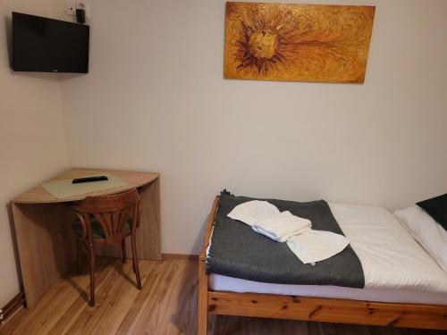 a bedroom with a bed and a desk with a television at Penzion Klopacka in Špania Dolina