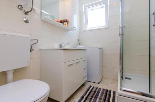 ein Bad mit einem WC, einem Waschbecken und einer Dusche in der Unterkunft Apartment Maurora Terrace in Zaton
