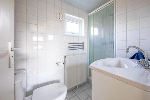 德科克斯多普的住宿－Chalet de Slufter Texel，白色的浴室设有水槽和卫生间。