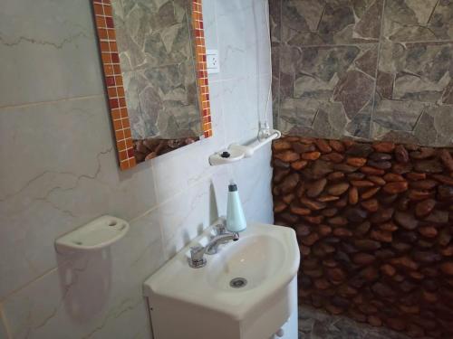 a bathroom with a sink and a toilet and a mirror at Cabañas Angualasto in Uspallata