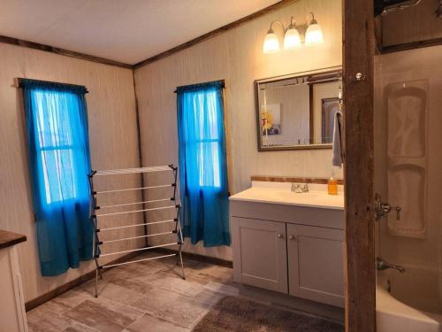a bathroom with blue curtains and a sink and a mirror at The Holler Inn at Dale Hollow in Frogue