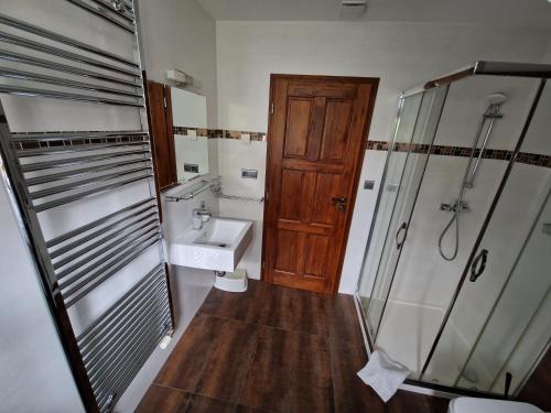 a bathroom with a toilet and a sink and a shower at Chata Marta in Boží Dar