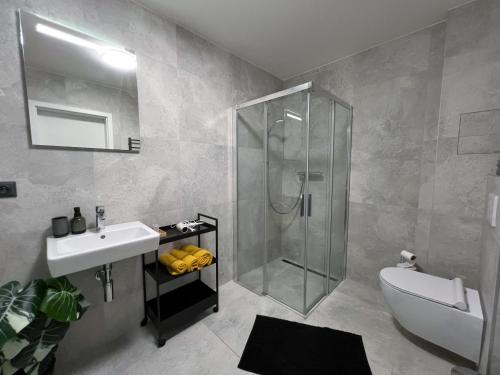 a bathroom with a shower and a sink and a toilet at Rezidence BLUM in Brno